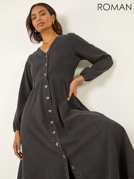 Roman Black Denim Button Through Midi Dress (W04940) | £58