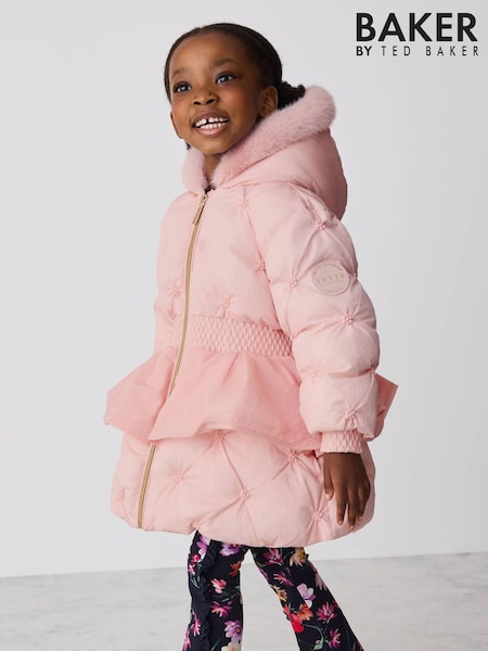 Pink - Baker By Ted Baker Shower Resistant Embroidered Peplum Padded Coat