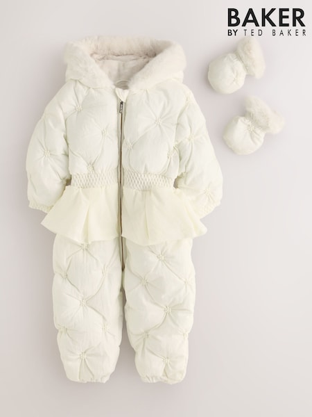 White - Baker By Ted Baker Shower Resistant Embroidered Peplum Padded Snowsuit