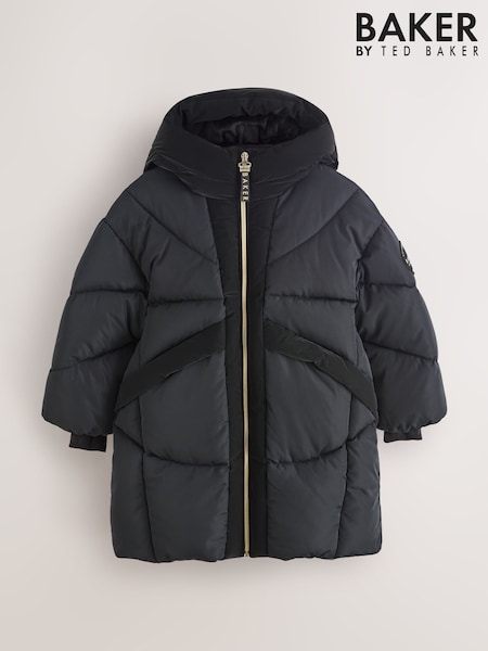 Black - Baker By Ted Baker Shower Resistant Panel Padded Longline Black Coat