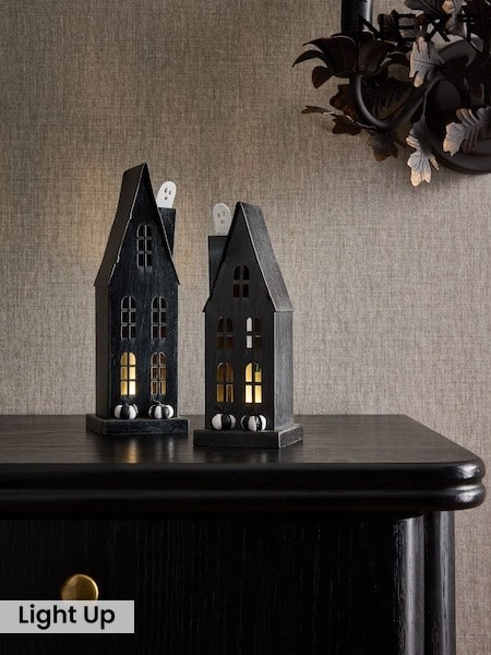Set Of 2 Light Up Spooky House Halloween Decorations
