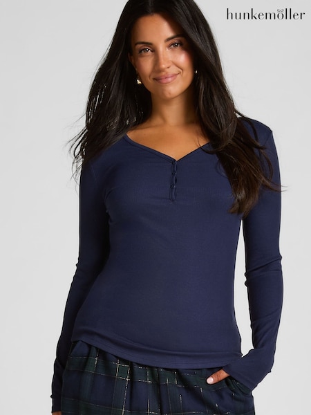Hunkemoller Blue Long Sleeved Henley Pyjamas Top (W05206) | £23
