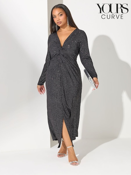 Yours Curve Black London Glitter Long Sleeve Knot Maxi Dress (W05745) | £57