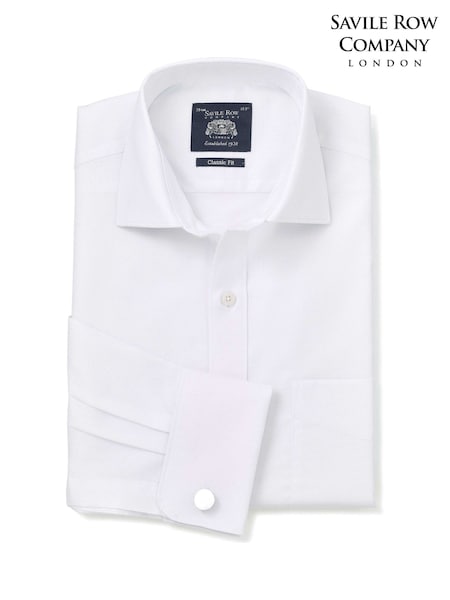 Savile Row Company Classic Fit White Textured Cotton Dobby Double Cuff Formal Shirt (W05920) | £55