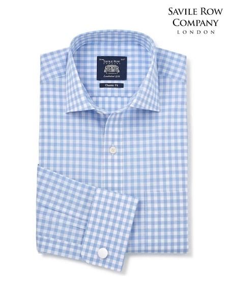 Savile Row Company Classic Fit Sky Blue White Gingham Check Cotton Double Cuff Formal Shirt (W05928) | £55