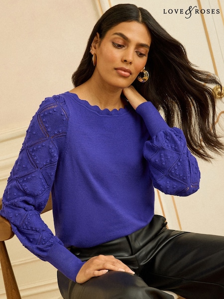 Cobalt Blue - Love & Roses Bobble Stitch Scallop Knit Jumper