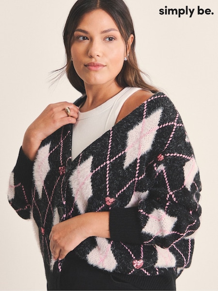 Simply Be Black Fluffy Argyle Boyfriend Cardigan (W06034) | £42