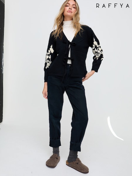 Raffya Black Lola Tie Front Embroidered Black Cardigan (W06154) | £48