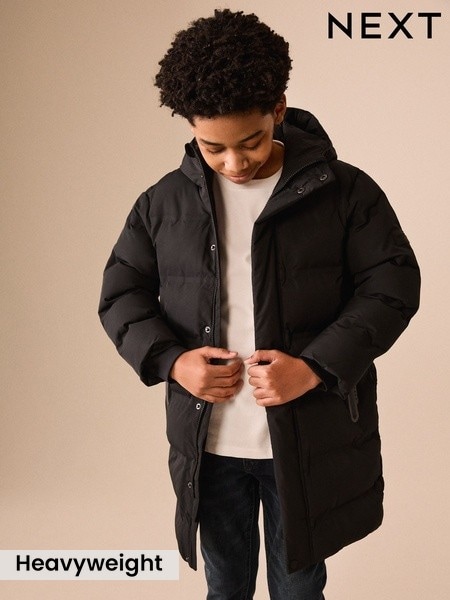 Black - Waterproof Padded Long Line Coat (3-16yrs)