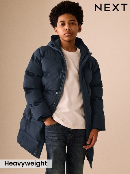Navy - Waterproof Padded Long Line Coat (3-16yrs)