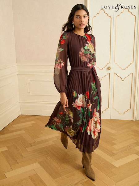 Love & Roses Chocolate Floral Printed Crew Neck Pleated Long Sleeve Midi Dress (W06467) | £79