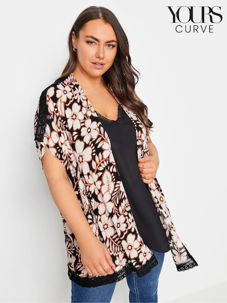 Yours Curve Black Black Floral Print Crochet Trim Kimono (W06572) | £29
