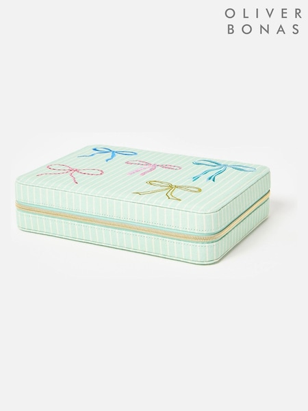 Oliver Bonas Blue Striped Bow Large Fabric Jewellery Box (W06619) | £50