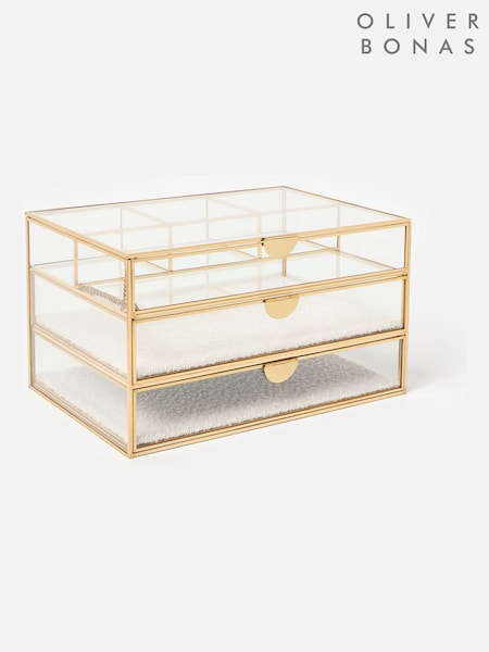 Oliver Bonas Cream Gold & Glass Boucle Tiered Large Jewellery Box (W06624) | £78