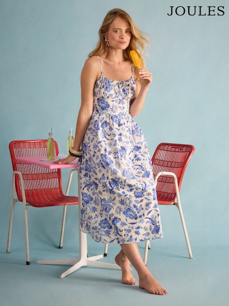 Blue Floral - Joules Chloe Strappy Cotton Midi Dress