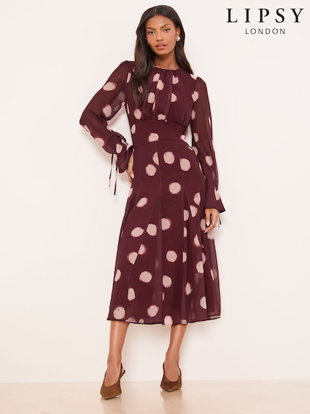 Lipsy Burgundy Red Long Sleeve Underbust Fit And Flare Midi Dress (W07445) | £74