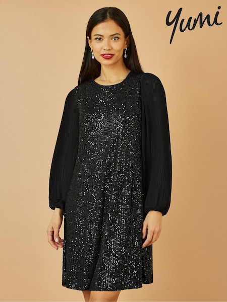 Yumi Black Velvet Sequin Tunic Dress With Long Pleated Sleeves (W07511) | £65