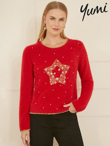 Yumi Red Fluffy Star Christmas Jumper (W07516) | £45