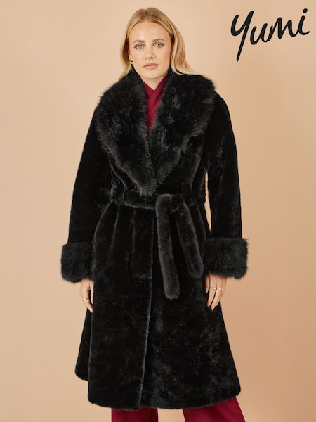 Yumi Black Wrap Faux Fur Coat With Oversize Collar (W07517) | £120