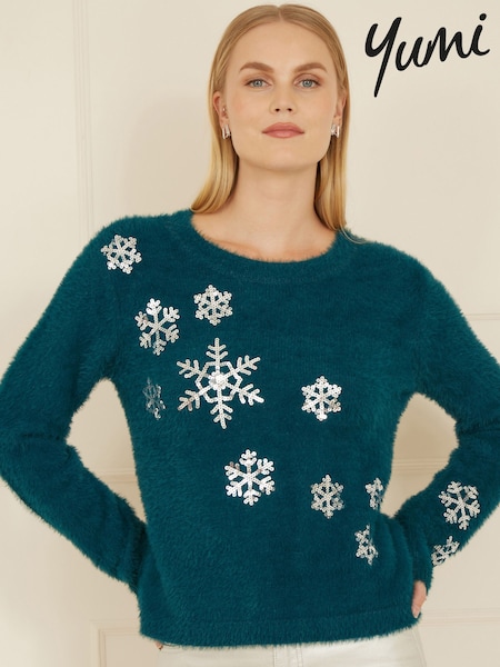 Yumi Light Blue Sequin Snowflake Fluffy Jumper (W07519) | £45