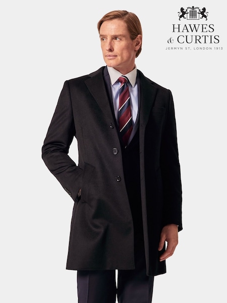 Hawes & Curtis Wool Black Overcoat (W07668) | £279