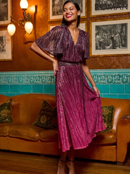 Roman Pink Ombre Shimmer Plisse Midi Dress (W07683) | £78