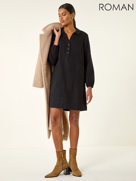 Roman Black Collared Shift Shirt Dress (W07700) | £48