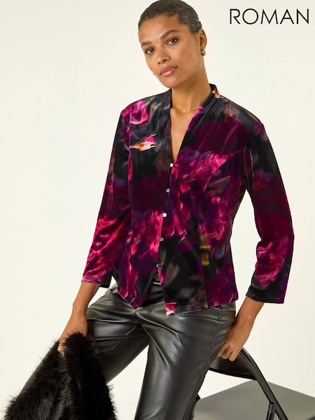 Roman Pink Floral Velvet Stretch Blouse (W07720) | £48