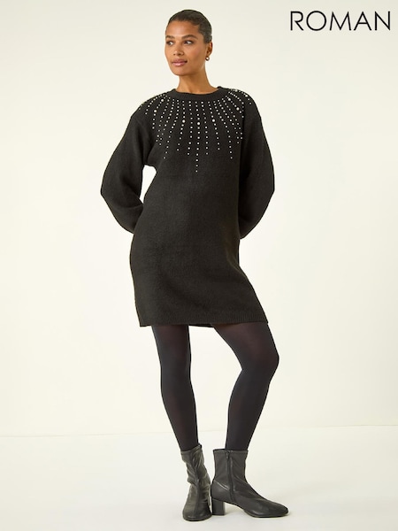 Roman Black Faux Pearl Knit Dress (W07725) | £50