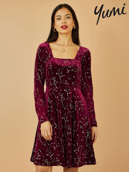 Yumi Red Star Foil Print Long Sleeve Skater Dress (W07762) | £60