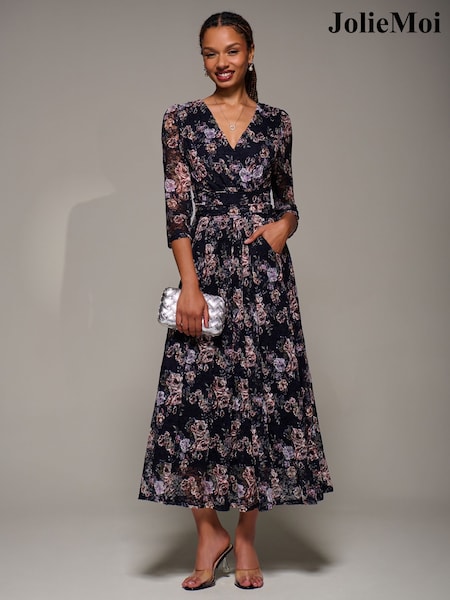 Jolie Moi Blue Three Quarter Sleeve Printed Lace Maxi Dress (W07953) | £89