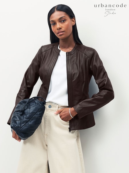 Urban Code Brown Petite Suede Collarless Leather Jacket (W08260) | £149