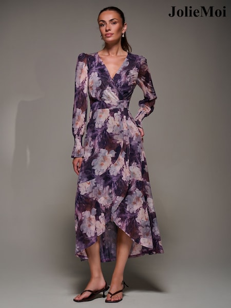 Jolie Moi Purple Ruffle Cuffed Sleeve Frill Mesh Maxi Dress (W08545) | £85