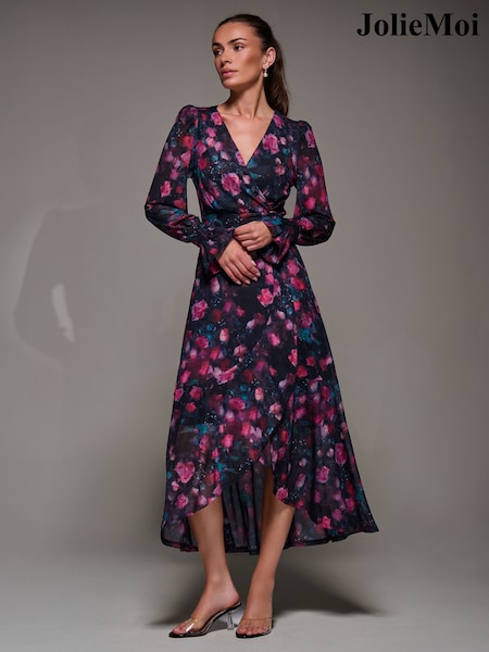 Jolie Moi Pink Ruffle Cuffed Sleeve Frill Mesh Maxi Dress (W08552) | £85