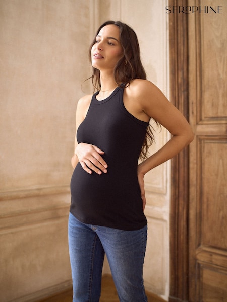 Seraphine Black Maternity Ribbed Jersey Racer Back Vest Top (W08587) | £25