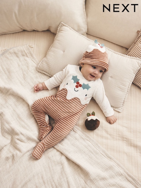 Neutral - Christmas Pudding Sleepsuit & Hat Set (0mths-2yrs)