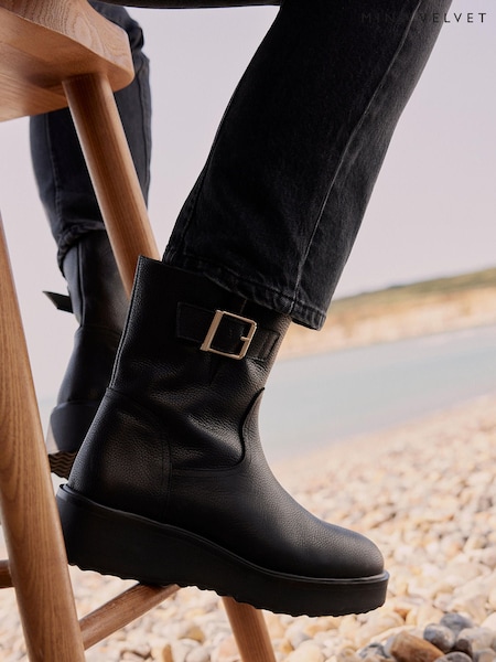 Mint Velvet Black Lola Leather Wedge Biker Boots (W08641) | £160