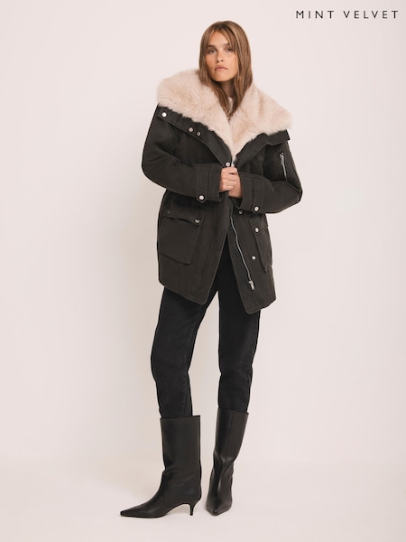 Mint Velvet Green Wax Faux Fur Trim Parka (W08642) | £230