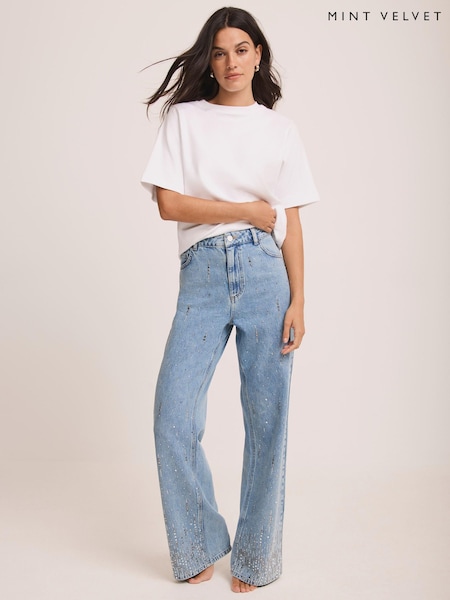 Mint Velvet Blue Embellished Wide Jeans (W08667) | £150