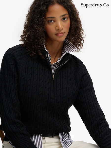 Superdry Black Brushed Cable Knit Henley Jumper (W08978) | £55