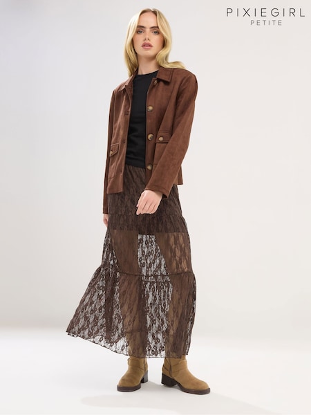 PixieGirl Petite Brown Lined Lace Maxi Skirt (W10009) | £31