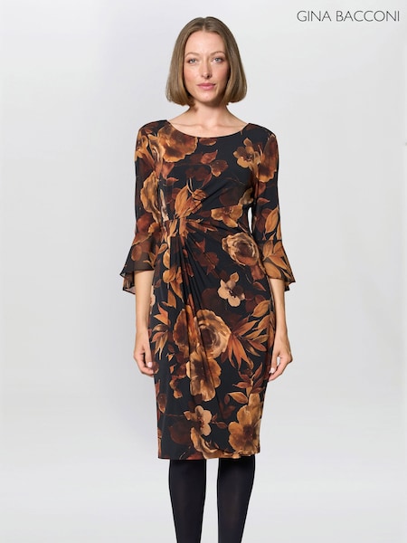 Gina Bacconi Abi Floral Print Rust Brown Dress (W10275) | £150