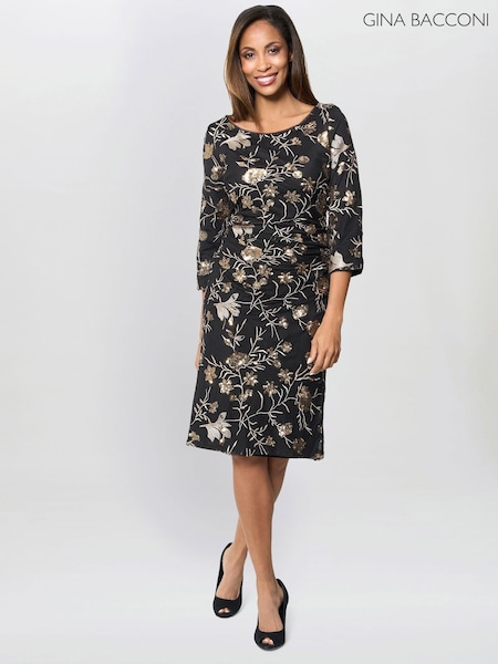 Gina Bacconi Sue Sequin Embroidered Black Dress (W10281) | £240
