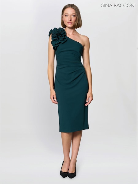 Gina Bacconi Green Kimberley One Shoulder Ruffle Dress (W10282) | £230