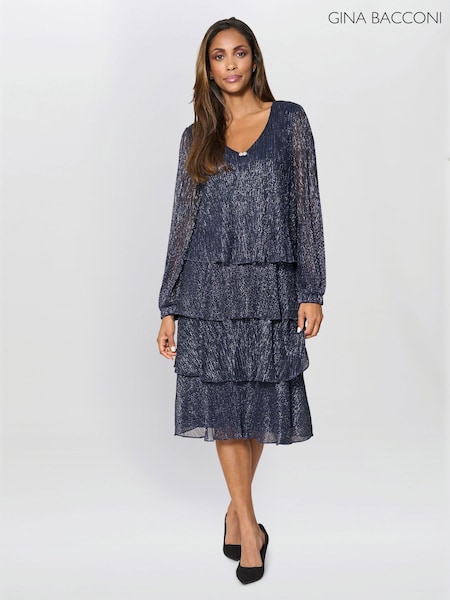 Gina Bacconi Blue Rosemary Tiered Midi Dress (W10286) | £220