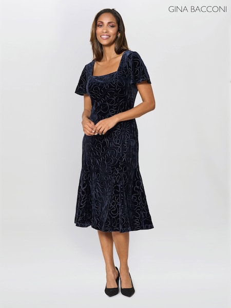Gina Bacconi Blue Ray Velvet Midi Dress (W10298) | £260