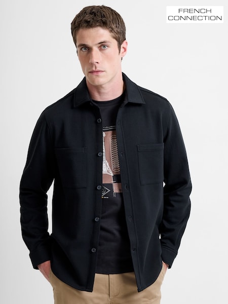 French Connection Black Cotton Blend Heavy Jersey Double Chest Pocket Button-Up Overshirt (W10300) | £110