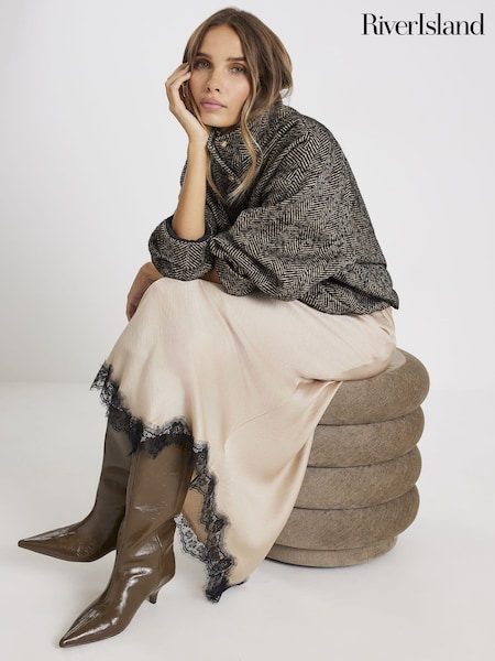 River Island Brown Satin Skirt With Lace (W10485) | £42