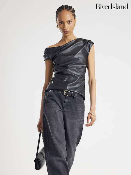 River Island Black One Shoulder Faux Leather Drape Top (W10497) | £34