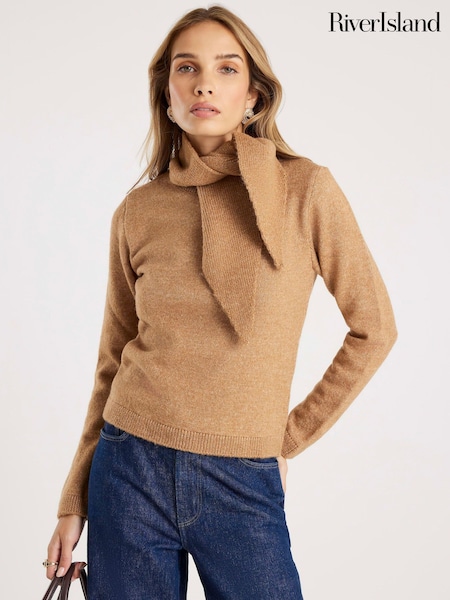 River Island Brown Scarf Knitted Jumper (W10504) | £39